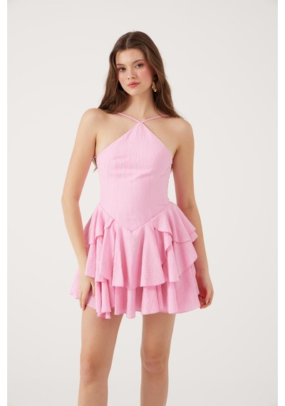 Holly Lolly Fırfırlı Halter Yaka Mini Keira Elbise Pembe