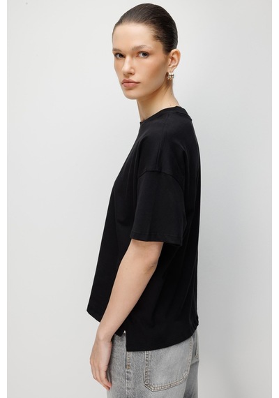 Mixray 48522 Kadın Yırtmaçlı Oversize Basic %100 Pamuk 2 Li T-shirt Beyaz Siyah Siyah - Beyaz