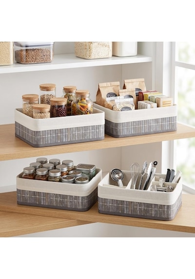 Lexroo Bambu Detaylı Çok Amaçlı Saklama Kutusu 25x15x8 Cm Dekoratif Kumaş Organizer Çok Renkli