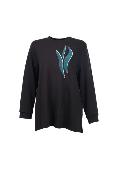 Büyük Beden Desenli Taş İ Şlemeli Sweatshirt Gala-xi Siyah