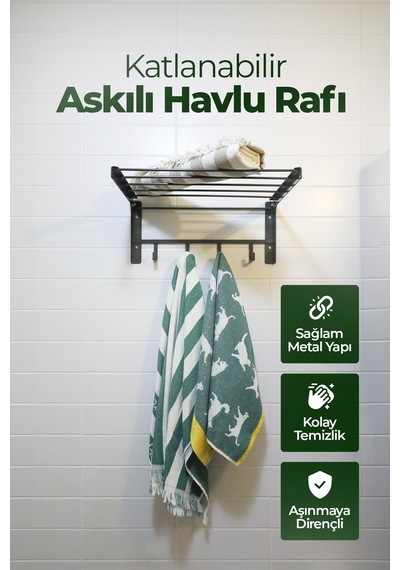 Banyo İçin Katlanabilir Askılı Havlu Rafı - 45x22 Cm - Siyah