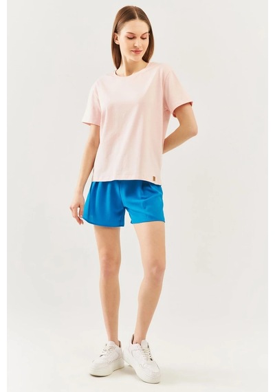 Kadın Oversize Rahat %100 Pamuklu Penye Bisiklet Yaka Kısa Kol Basic T-shirt Pudra