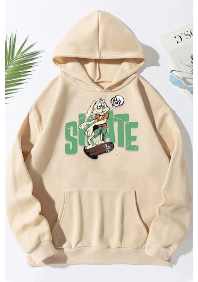 Uyguntarz Unisex All Day Rabbit Baskılı Sweatshirt Bej