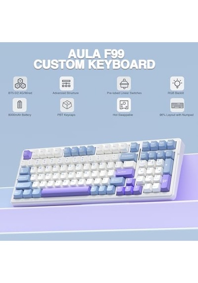 F99 3 Modlu Rgb Hot Swap Mekanik Linear Graywood V3 Switch Kablosuz Makrolu Klavye Lila