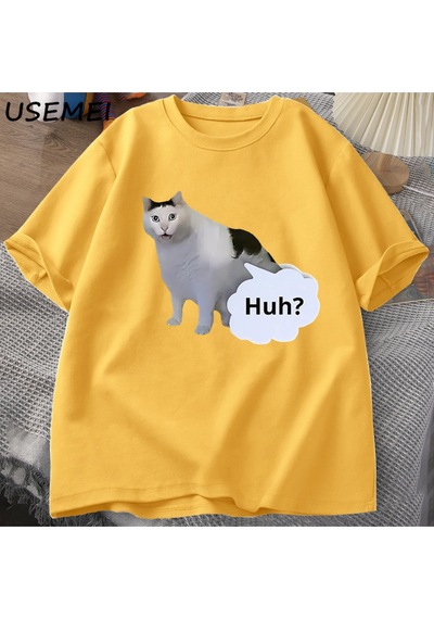 Flood Of Style Huh Kedi Komik Meme T Shirt Erkek Kadın Absurd Weirdcore T-shirt Rahat Yuvarlak Boyun Pamuk K Sarı