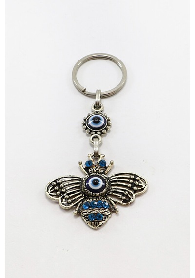 Gri Halkalı Turkuaz Parlak Taşlı Metal Arılı Anahtarlık, Hediyeli