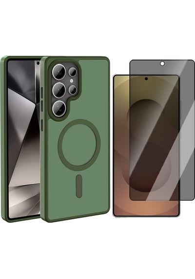 Vendas Galaxy Uyumlu S25 Ultra Kılıf M-safe Şarj Özellikli Mat Arka Yüzey Zore Sio Kapak + Hayalet Ekran Koruyucu Koyu Yeşil
