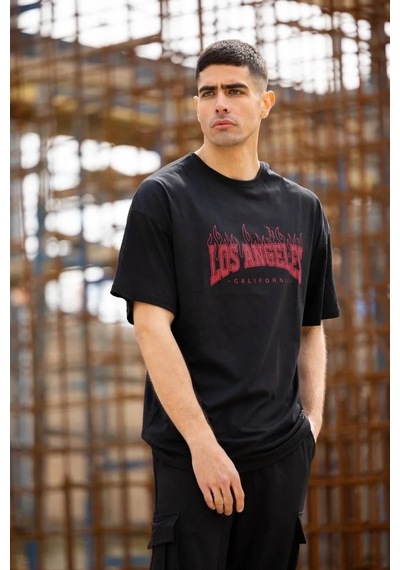 Erkek Kısa Kol Tişört Bisiklet Yaka Los Angeles Baskılı T-shirt - Siyah