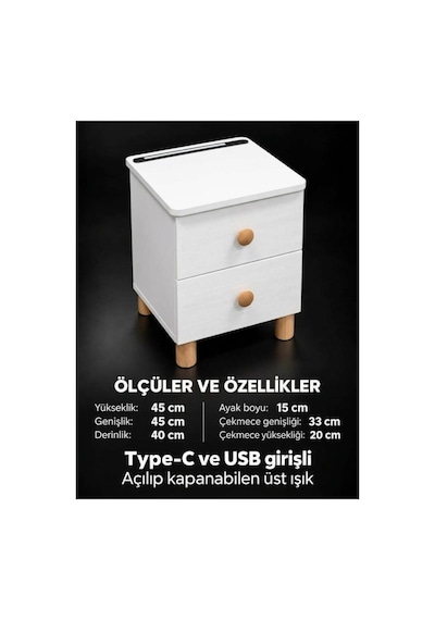 Modern Çekmeceli Komodin, Type-c Ve Usb Girişli, Led Işıklı Başucu, Yatak Odası, Koltuk Yanı Sehpası Ahşap - 931981058 Ahşap
