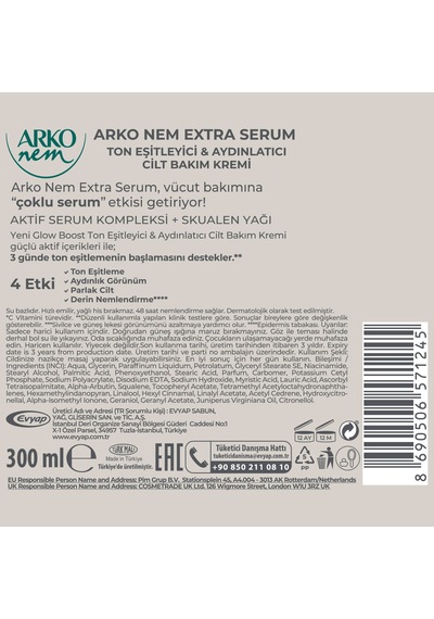 Arko Nem Extra Serum Glow Boost Ton Eşitleyici & Aydınlatıcı Cilt Bakım Kremi Skualen Yağlı 300 Ml