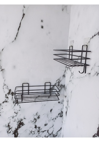 Yapışkanlı Kancalı 2 Adet Banyo Rafı Mat Siyah Banyo Duş Rafı Siyah