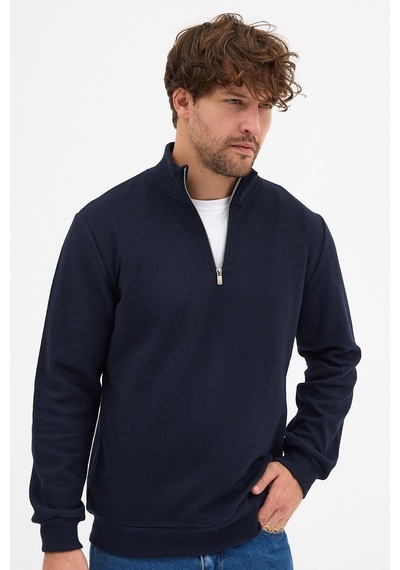 Mmetalic Erkek Lacivert Standart Fit Normal Kesim Pamuklu Yarım Fermuarlı Dik Yaka Pamuklu Sweatshirt Lacivert