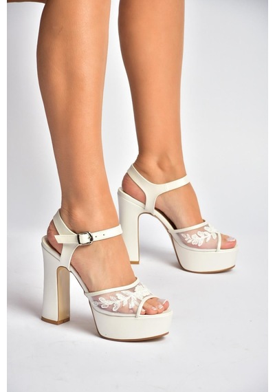 Fox Shoes Y246058709 Sedef Platform Kalın Topuklu Dantel Detaylı Gelinlik Ayakkabısı