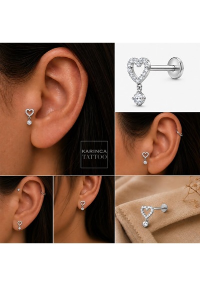 Kalp Zirkon Taşlı Sallantılı Titanyum Piercing Helix Kulak Flat Inner Conch Tragus Piercing çok renkli