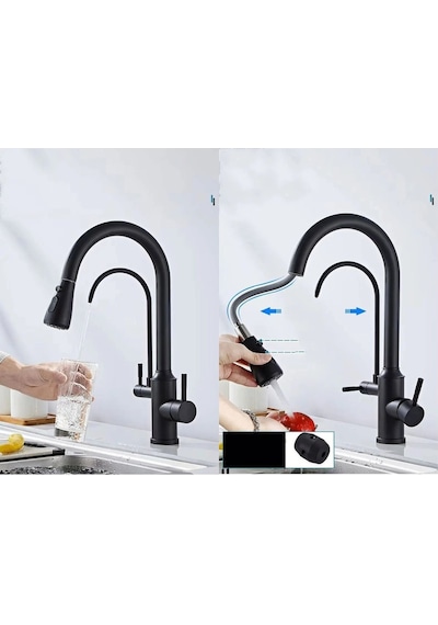Mutfak Evye Bataryası Dual Flow Su Arıtma Çıkışlı Spiralli Siyah