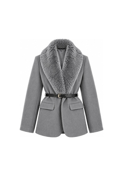 Laluvia Gri Kürk Yaka Peluş Ceket - 9688