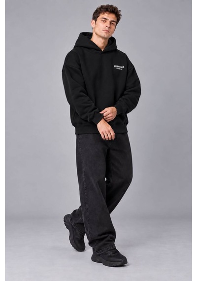 Genel Markalar Unisex Oversize Pikeli Double Face Kapüşonlu Sweatshirt Siyah