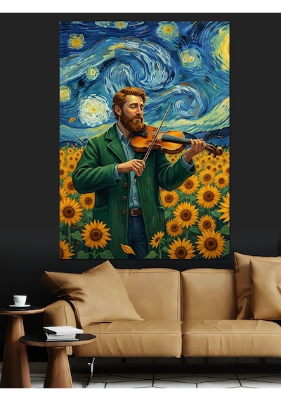 Ahşap Tablo Van Gogh Tarzı Yıldızlı Gecede Ayçiçek Tarlasındaki Kemancı Adam