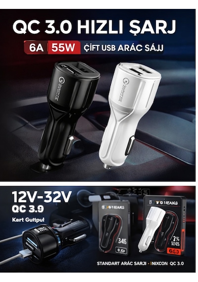 Nixcon 6a Qc 3.0 Çift Usb Araç Şarj Cihazı 35w Hızlı Şarj Siyah/beyaz - Renk: Siyah