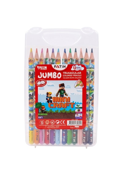 12 Li Jumbo Kuru Boya Kalemi Plastik Kutu 1 Paket Fatih Mini Craft Figürlü 12 Renk Kalın Kuruboya Tam Boy Renkli Kalem Çok Renkli
