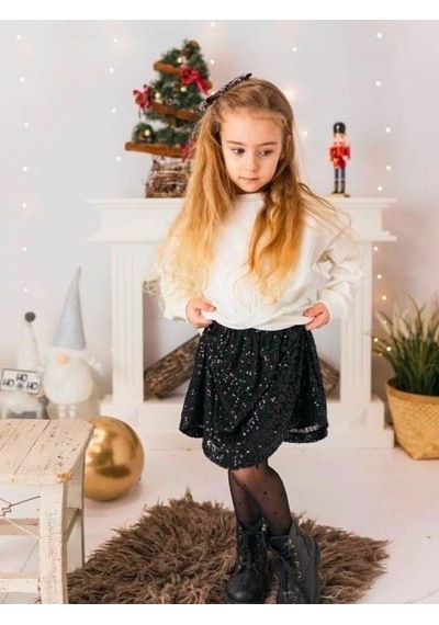 Çikoby Kız Çocuk Crop Bluz Pul Payetli Etekli Takım-14891 Ekru