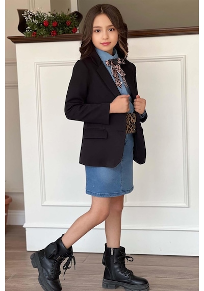 Riccotarz Kız Çocuk Leopar Desenli Fiyonk Detaylı Kot Gömlek Siyah Blazer Ceket Etekli Takım 001