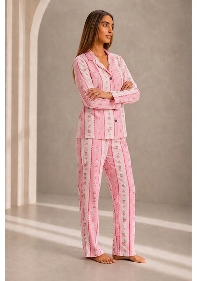 Fit Women Kadın Önden Düğmeli Uzun Kollu Alt Üst Pembe Pijama Takımı