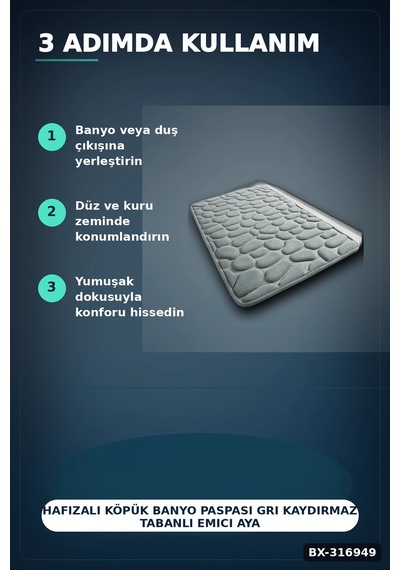 Hafızalı Köpük Banyo Paspası Gri Kaydırmaz Tabanlı Emici Ayak Paspas 1 Adet Bx-316949 Diğer
