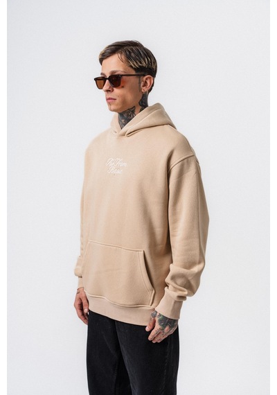 Respire Erkek Far From Basic Nakışlı Kapüşonlu Oversize Hoodie Bej