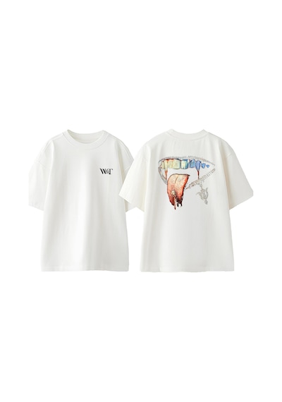 Thewert Gümüş Dudak Tasarım Sırt Baskılı Pamuk Beyaz Oversize T-shirt
