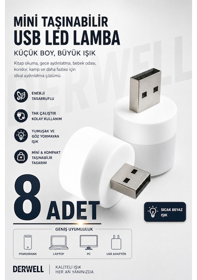 8 Adet - Bebek Ve Çocuk Odaları İçin Mini Taşınabilir Usb Led Lamba Powerbank Laptop Pc Uyumlu Tak Çalıştır Mikro Gece Aydınlatma Lambası Bebek Odası Koridor Kamp Için Yuvarlak Küçük Kompakt Ampul