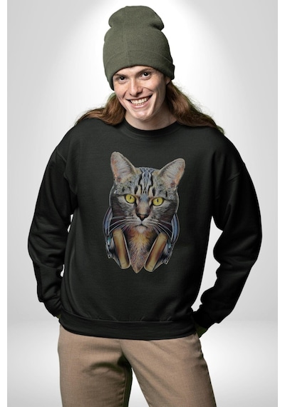 Kulaklık Kedi Unisex Siyah Baskılı Sweatshirt Siyah