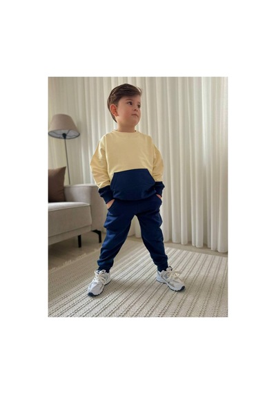 Jeliboomkidswear Erkek Çocuk 3-10 Yaş 2 İplik Likralı Günlük Eşofman Takımı Lacivert- Ekru