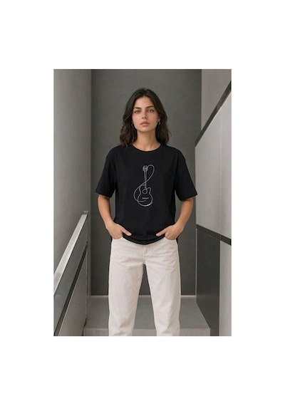 Butik İstanbul Minimal Gitar Baskılı Tişört T-shirt Yazlık Kısa Kol Bisiklet Yaka T-shirt - Siyah
