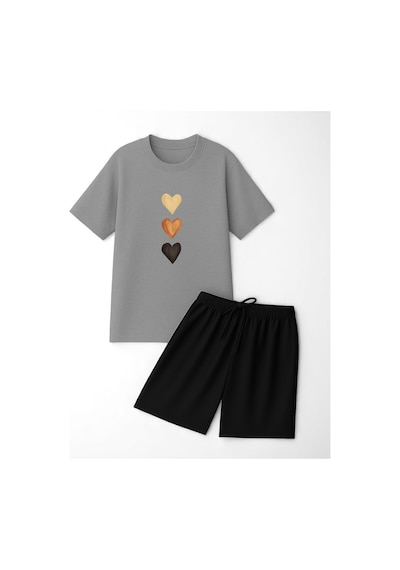 Uyguntarz Unisex 3 Kalp Baskılı Tasarım Şort Takım Gri