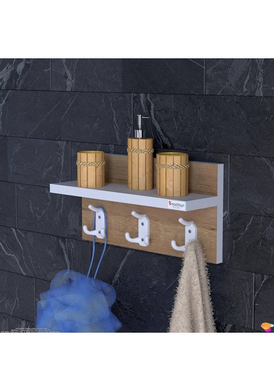 Modilayn Kedi Serisi 3 Lü Banyo Askısı Seti: 31,4x18 Cm, 9 Kancalı Raflı Düzenleyici. Beyaz