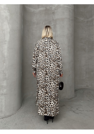 Olcay Leopar Desenli Yandan Yırtmaçlı Oversize Elbise Kahve 9262-e