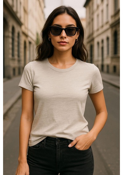 Kadın %100 Organik Pamuklu Relaxed Yıkamalı T-shirt Bisiklet Yaka Kısa Kollu Kadın Basic Tişört Bej