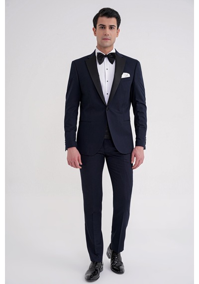 Slim Fit Fleto Cep Çıkarılabilir Saten Yaka Düz Lacivert Damatlık Smokin Takım Altro 032 Lacivert