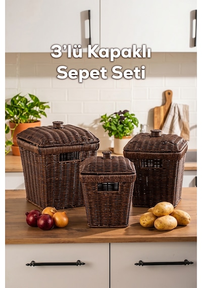 Porsima Pbt-919-1 3lü Hasır Sepet Kapaklı Bambu Sepet Seti Dekoratif Banyo Mutfak Düzenleyici Patates Soğan Sepeti Organizeri Ahşap