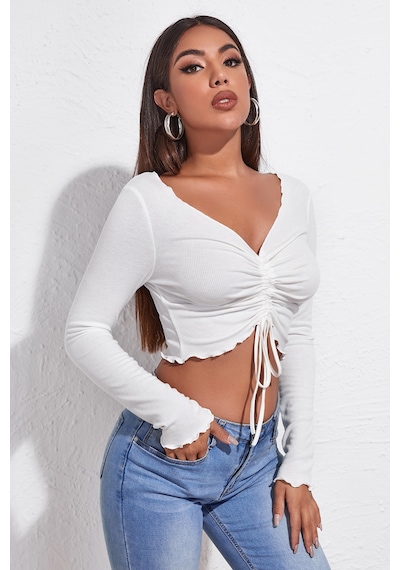 Epilons Zenviaatt2 Kadın Beyaz Uzun Kollu Büzdürme Bağcık Detaylı Crop Top Bluz Zenvi312