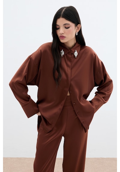 Sateen Aksesuar Detaylı Gömlek - Kahve-135987 Kahve