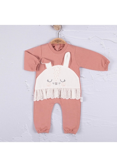 Candar 3-12 Ay Kız Bebek Tulum Tavşan Nakışlı Güpürlü Pembe Pembe