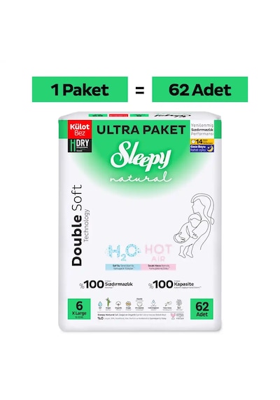Sleepy Natural Double Soft Ultra Paket Külot Bez 6 Numara Xlarge 62 Adet