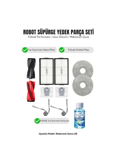 Roborock Saros 20 İle Uyumlu 1 Ana Fırça 2 Yan Fırça 2 Filtre 2 Mop 1 Deterjan 2 Toz Torbası 7.0