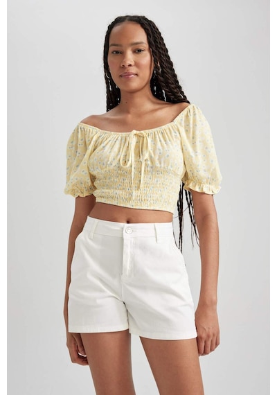 Defacto Fitted Kare Yaka Baskılı Kısa Kollu Crop Bluz B1304AX23HSYL127