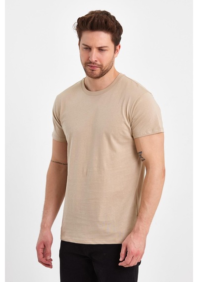 Erkek Sıfır Yaka Tshırt Oxford Tan