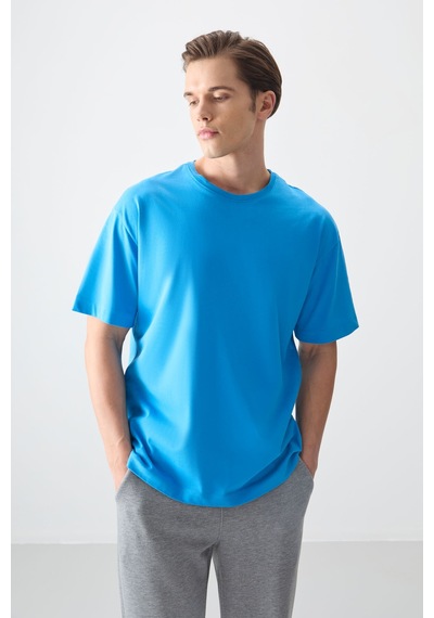 Air Jones Tommy Life Petrol Mavi %100 Pamuk Kalın Yumuşak Dokulu Oversize Fit Basic Erkek T-shirt - 88353 Petrol Mavi