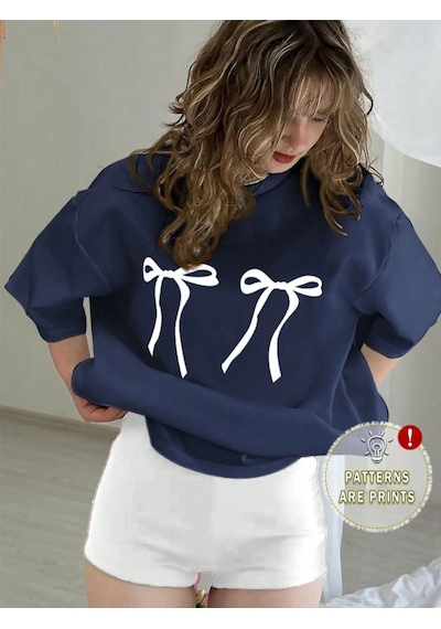 Uyguntarz Unisex Çift Kurdele Tasarım Basklı Tshirt Lacivert