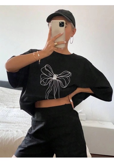 Kadın Baskılı Kısa Kol Oversize T-shirt - Siyah Siyah